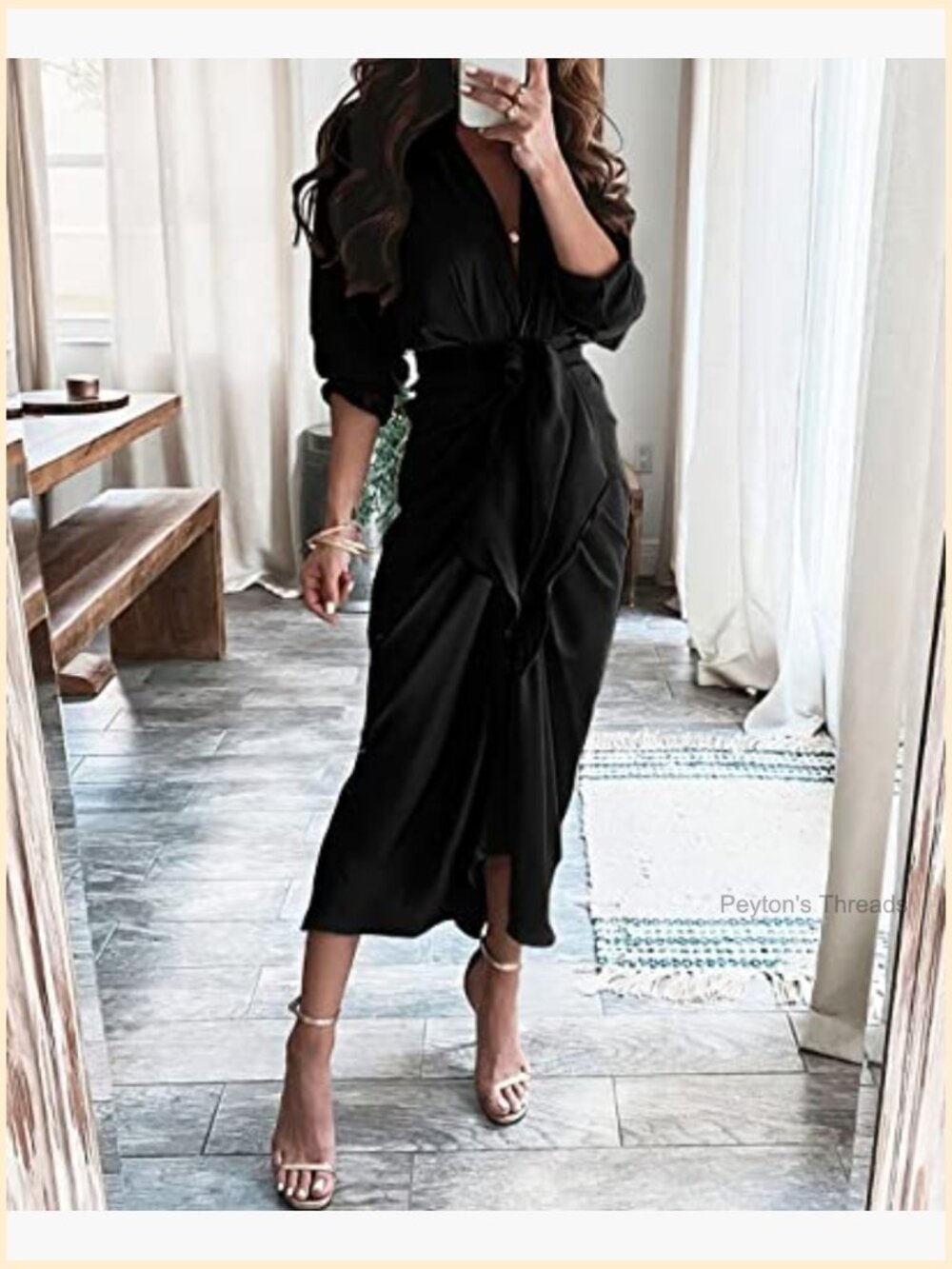 Long Sleeve V Neck Button Down Belted Ruched Satin Maxi Shirt Dress - Picture 2 of 7